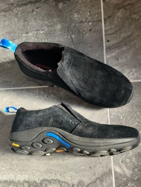 Merrell Black Slip-On Suede Loafers with Blue Accents Size 8.5